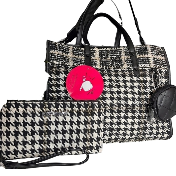 🔹️Betsey Johnson🔹️ black white tweed houndstooth print tote & wallet - Picture 1 of 6